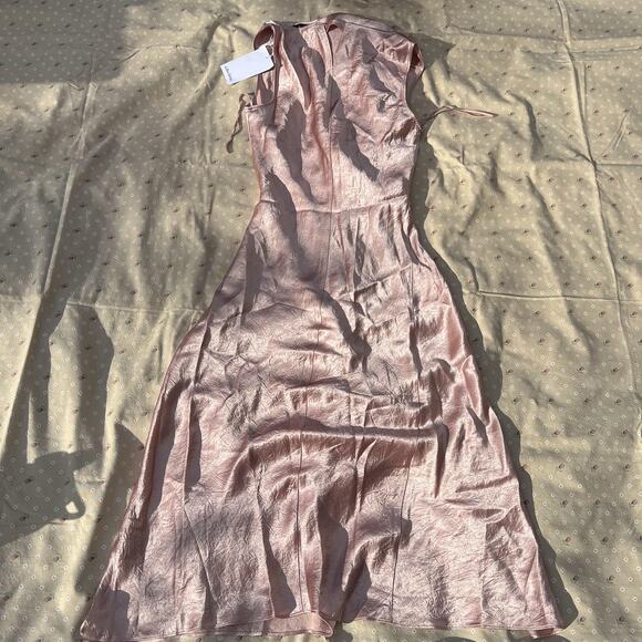 & Other Stories Dress Womens 8 Pink Satin Wrap Midi Crinkle A Line Shiny NWT - Picture 1 of 8